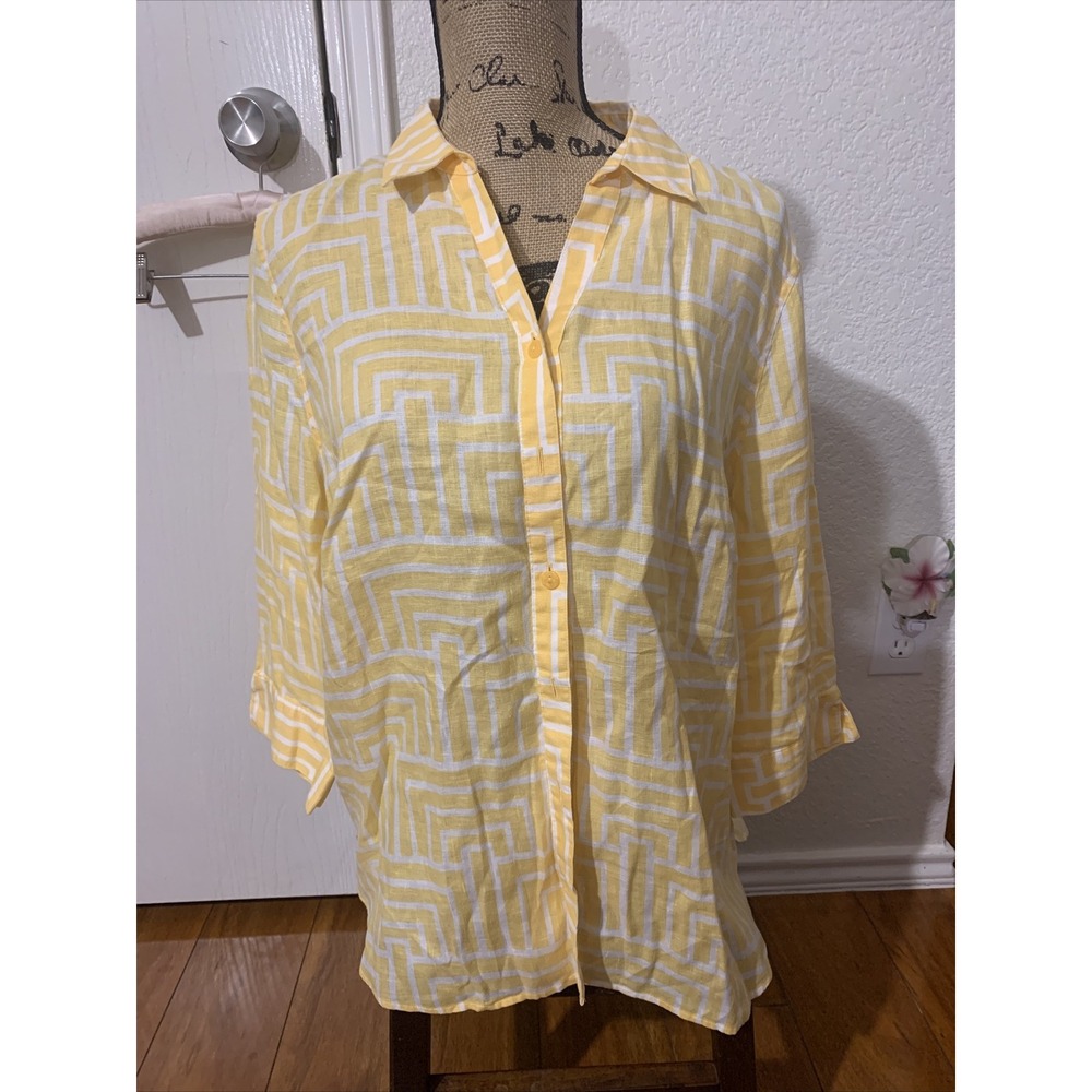 chicos 2 is 12 14 no iron women's blouse 100% linen yellow white geometric patte